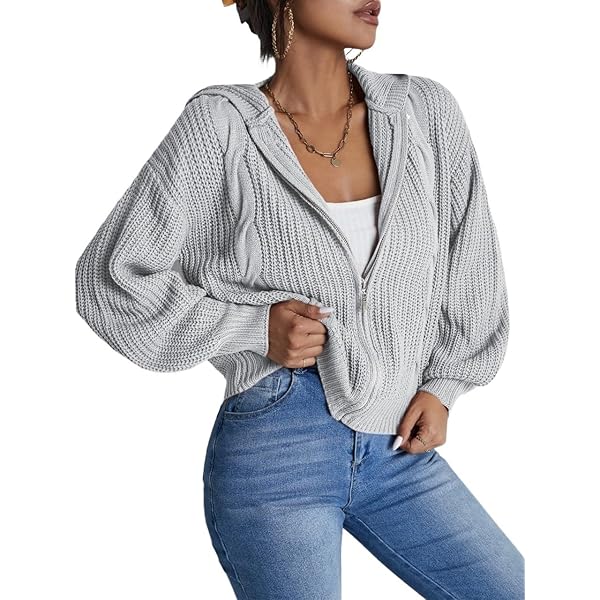 Women's Solid Textured Drop Shoulder Zip Up Hooded Sweater
